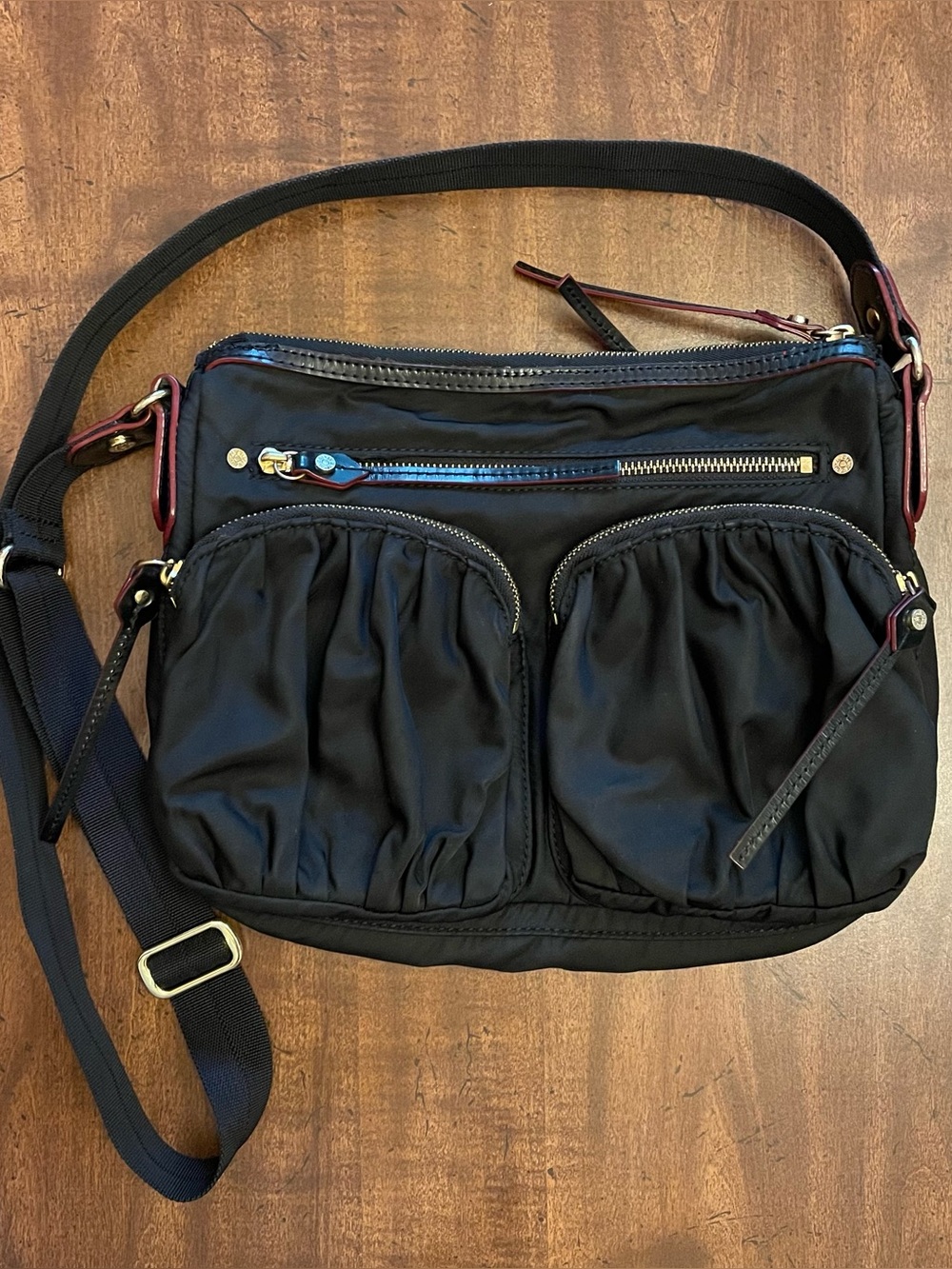 MZ Wallace Black Nylon Crossbody Bag - Tan Leather Accents - Red Interior
